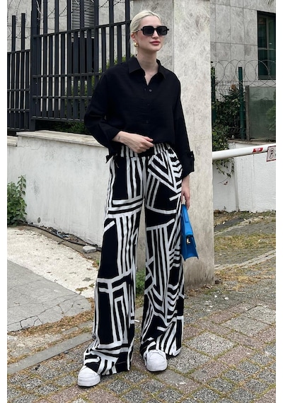 Madmext Siyah Desenli Beli Lastikli Bol Paça Pantolon Mg2051-siyah Siyah