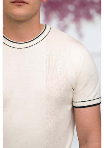 Advante Slimfit Kolları Lastikli Likralı Desenli Bisiklet Yaka Triko T-shirt Kemik