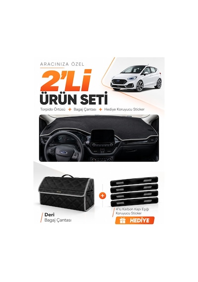 E-biz Ford Fiesta 2020-2023 Uyumlu Torpido Örtüsü + Deri Bagaj Çantası Seti - Siyah-gri - Fo022