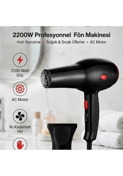 2200w Profesyonel Fön Makinesi Ac Motor İki Kademeli Hız Ve Sıcaklık Ayarlı