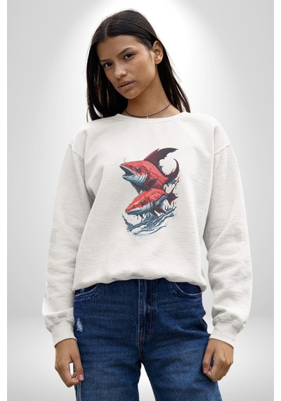 Kırmızı Japon Balığı Unisex Beyaz Baskılı Sweatshirt Beyaz