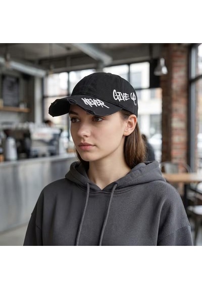 Valkyrie Unisex Siyah Never Give Up Nakışlı Baseball Şapka Ayarlanabilir Vintage Streetwear Spor Kep