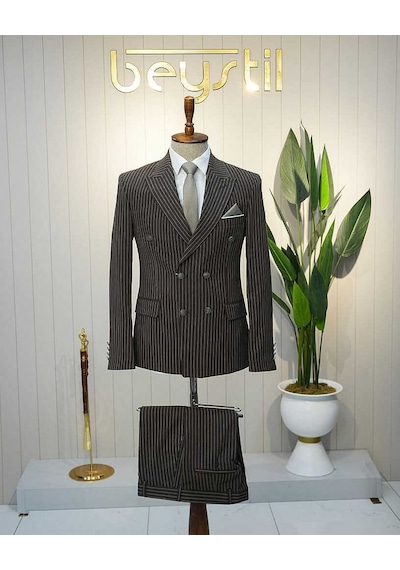 Bys Beystil Sivri Yaka Kahverengi Çizgili Kruvaze Takım Elbise Bezayak - Slim Fit