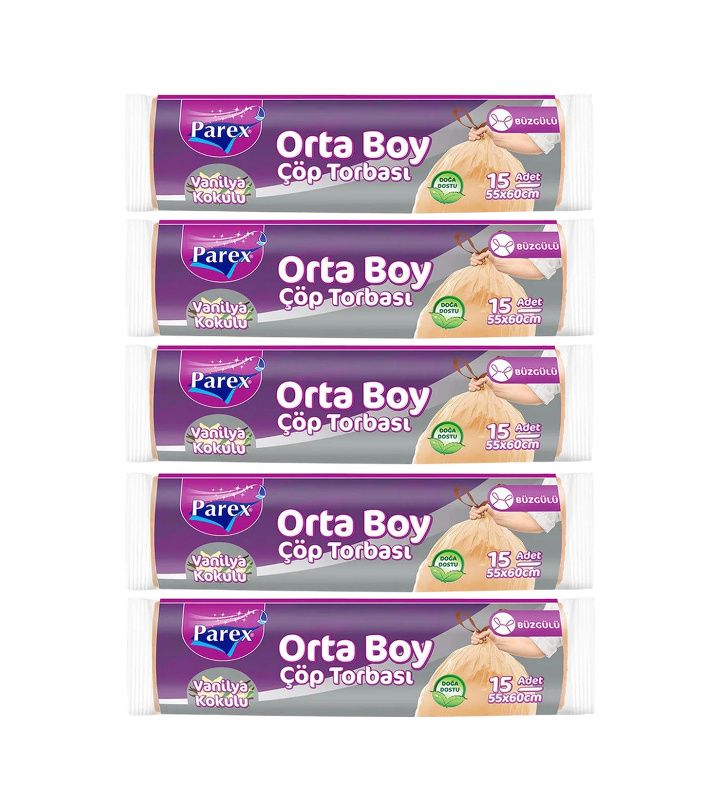 Büzgülü Çöp Torbası Vanilya Kokulu Orta Boy 15'li 55 X 60 Cm Beşli Paket