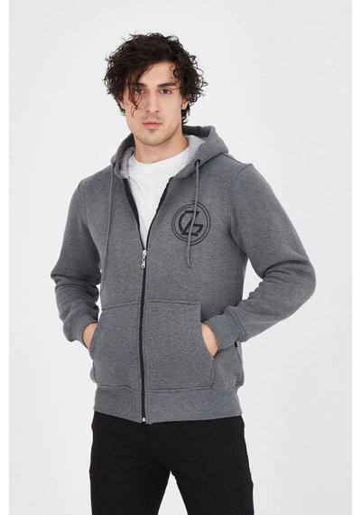 Mbb E-ticaret Erkek 3 İplik Pamuklu Fermuarlı Kapüşonlu Kanguru Cepli Baskılı Hoodie Hırka Sweatshirt - Füme