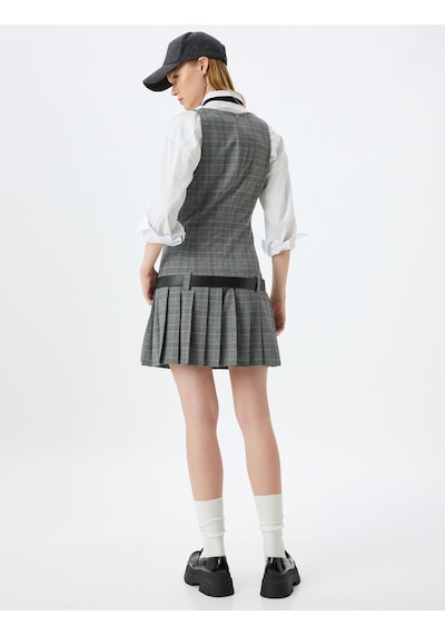 Koton Mini Jile Elbise Pileli Kolsuz U Yaka Kemer Detaylı Slim Fit Gri Ekose 5wal80040ıw Gri