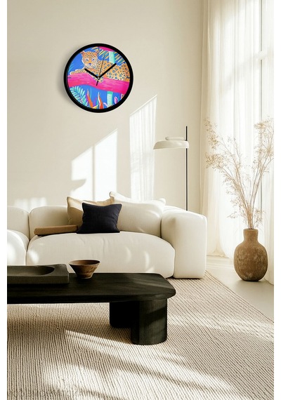 Tropikal Kaplan Temalı Modern Duvar Saati - 25cm - Önü Camlı Siyah Kasa - Sessiz Mekanizma-jh0022 Siyah