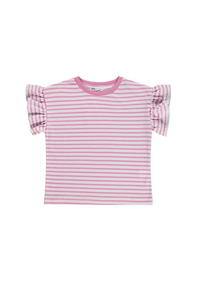 Civil Girls Çizgili Volan Kol 10-13 Yaş Tişört - Pembe Gul Kurusu