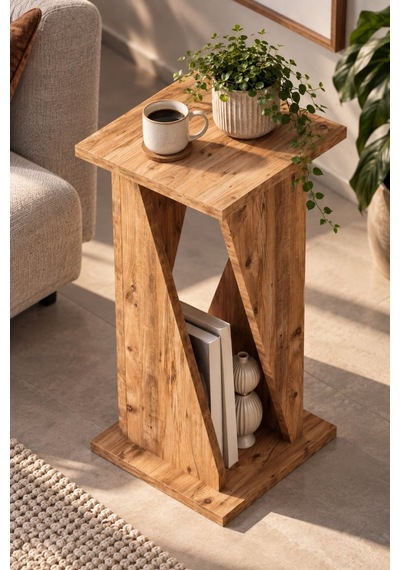 Sulorahome Modern Ahşap Görünümlü Dekoratif Yan Sehpa