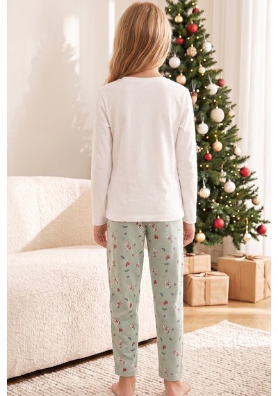Siyah İnci Yılbaşı Temalı Pamuklu Likralı Örme Pijama Takım26241181 Beyaz