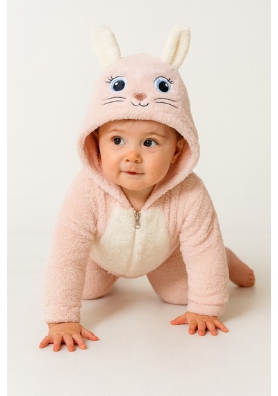Unisex Bebek Kapüşonlu Tavşan Desenli Peluş Tulum Bej