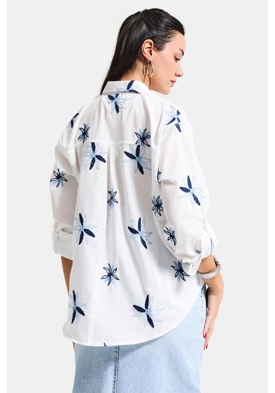 Itsbasic Kadın Beyaz Mavi S6-103 Oversize Nakışlı Gömlek