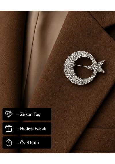 Hediye Ay Yıldız Taşlı Kadın Broş Rozet Gümüş Renk Zirkon Taşlı Açık Gri