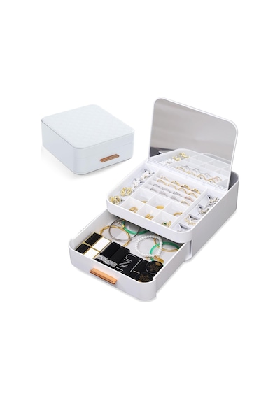 Makri Home Şık Ve Fonksiyonel Aynalı Takı Organizeri, Çekmeceli, Otomatik Açılır Aynalı Tasarım 22x20x8 Cm Beyaz