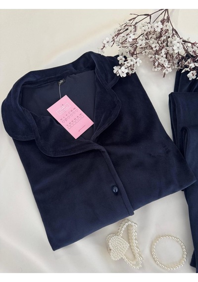 Mh Moony Homewears 2'li Lacivert Yumuşacık Kışlık Kadife Pijama Takımı Lacivert