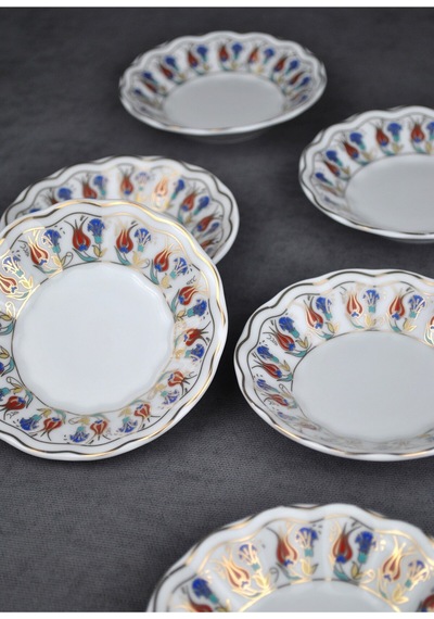 Qualitev 6 Adet Porselen Çay Tabağı Ebruli Lale Çini Motifli Çay Tabak 10 Cm Mavi