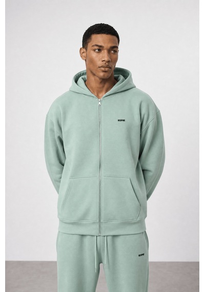 Erkek Respire Basic Oversize Zip Su Yeşili Yeşil