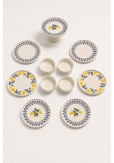 Mavi Limon 11 Parça 6 Kişilik Handmade Stackable Seramik Tabak Seti Premium Sunum & Kahvaltı Takımı Beyaz