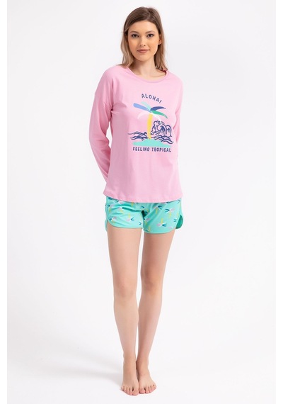 Rolypoly Feeling Tropical Pembe Kadın Uzun Kol Şort Takım 5274-29454 Pembe