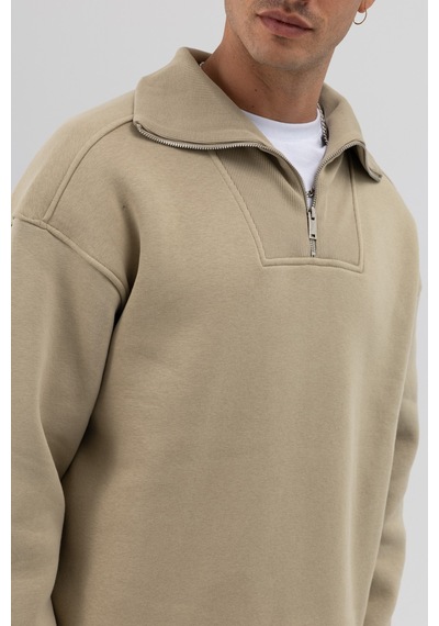 Vamos Basic Fermuarlı Dik Yaka Sweatshirt Haki