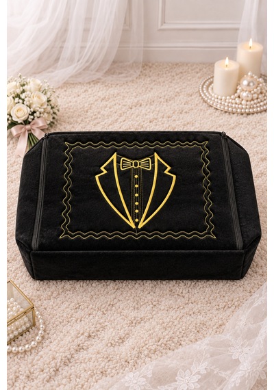 3'lü Gelindamat Figür Fransız Güpür Çeyizlik Bohça Söz Nişan Gelin Damat Hurç Seti 60x40/50x40/40x30 Siyah