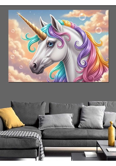 Gökkuşağı Yeleli Beyaz Unicorn Tablosu Dekoratif Kanvas - Mdf Ahşap Tablo