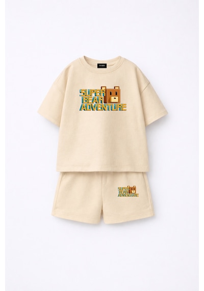 Fasardi Super Bear Adventure Süper Ayı Baskılı Oversize %100 Pamuk Tişört Şort 2li Çocuk Takım Bej