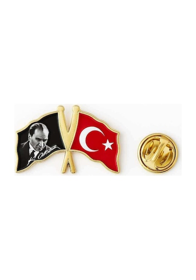Mustafa Kemal Atatürk Ve Türk Bayrağı Rozet Gold Gri