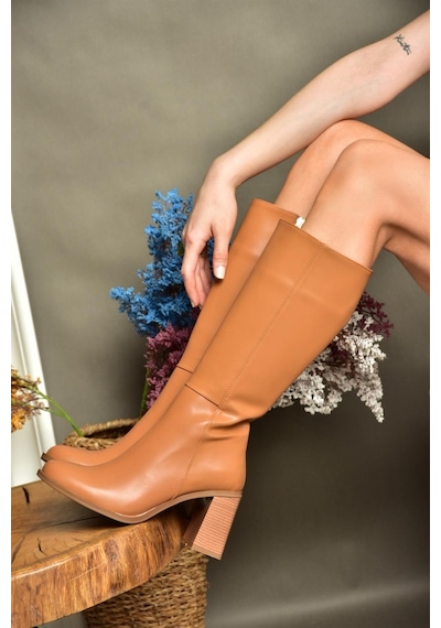 Fox Shoes R518101409 Taba Kalın Topuklu Kadın Çizme Taba