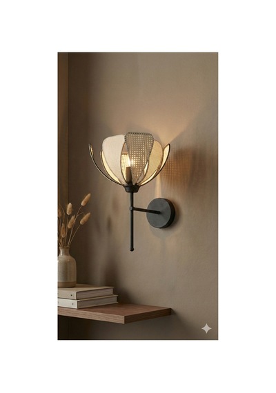 Lotus Model Dekoratif Pilli Duvar Apliği - Siyah Çerçeveli Kumaş Kaplama-modern Aydınlatma Siyah-krem