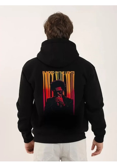 Efnaz Style Unisex Baskılı Oversize Üç İplik Kapüşonlu Sweatshirt - Siyah