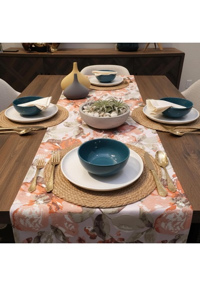 Jakarlı Dokuma Dekoratif Runner 45x140 Cm Kiremit Renkli Çiçekli Desenli Çok Renkli