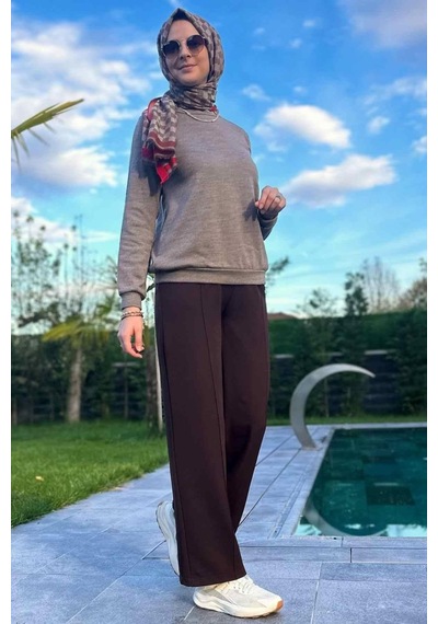 Rabia Şamlı Acı Kahve Nervürlü Bol Paça Pantolon Normal