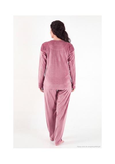 Lela Bisiklet Yaka Yumuşak Dokulu Parlak Kadife Pijama Takımı Kadın Pijama Takımı 6094209 Pudra
