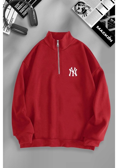 Macklin Unisex Kadın Erkek Ny Baskılı Yarım Fermuarlı Dik Yaka Basic Sweatshirt Kırmızı Mck0975 Kırmızı