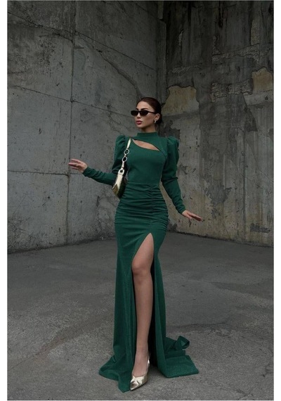 DefyModa Kadın Esnek Simli Kumaş Degaje Yaka Büzgülü Abiye Elbise Zümrüt