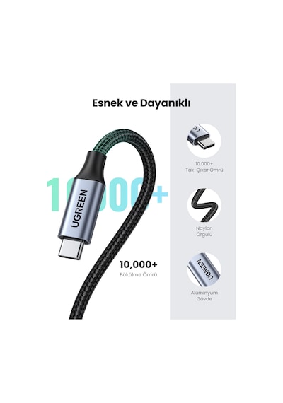 Ugreen Usb-c Erkek - Dişi Gen2 5a Örgülü Kablo 0.5 M, Siyah, 80810