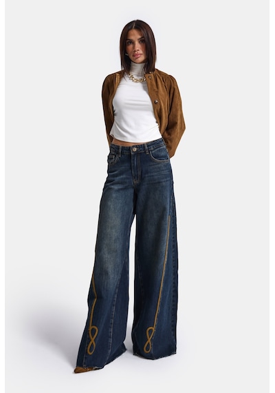 Kadın Koyu Kot 2w6-8 Palazzo Fit Nakış Detaylı Özel Tsarım Denim Jean