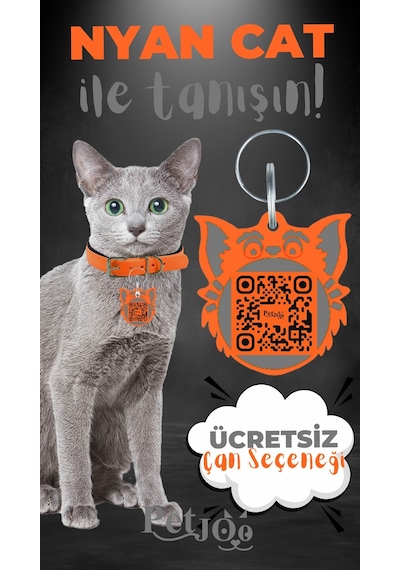 Petjoo 2.Nyan Cat Gri-Turuncu Qr'lı Kedi Künyesi