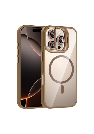 Apple   Uyumlu iPhone 16 Pro Max Kılıf Standlı Ve  Kamera Lens li M-safe Şarj Özellikli Zore Etro Kapak Desert Titanyum