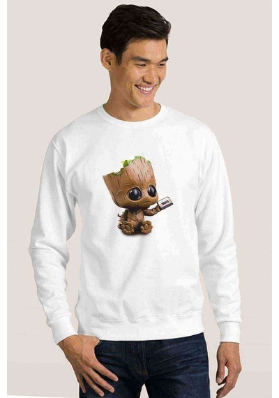 I Am Groot Tape Baskılı Beyaz Erkek Örme Sweatshirt