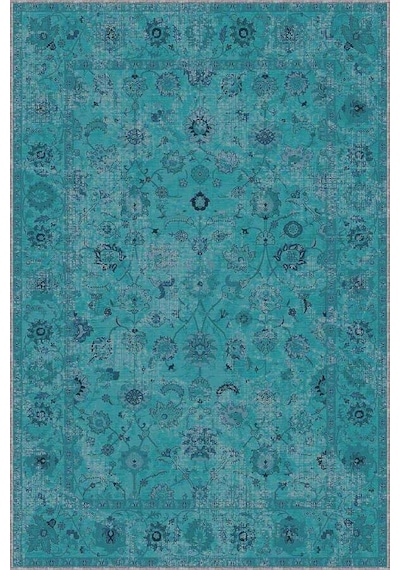 Turkuaz Vintage Kaymaz Taban Makinede Yıkanabilir Halı Kr033n11