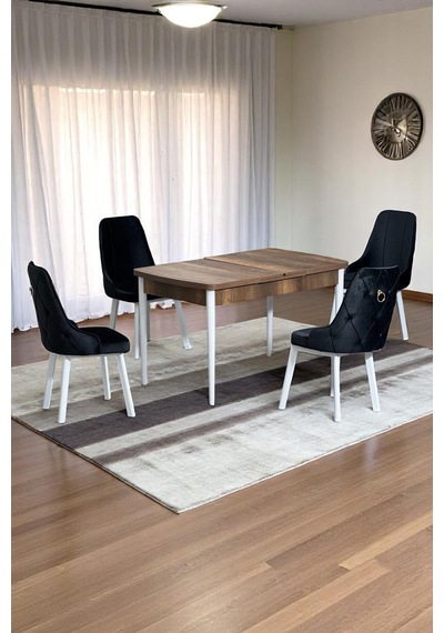 Monera Ceviz 80 x 132 Açılabilen Sunta Masa Metal Ayaklı Mutfak Masası Takımı 4 Siyah Sandalye