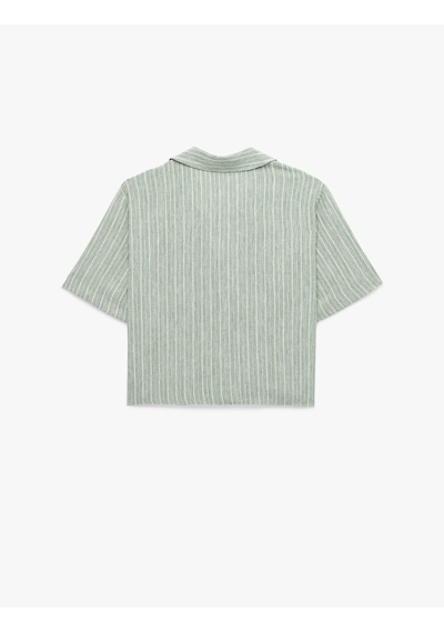 Koton Regular Fit Kaçık Yaka Kısa Kollu Crop Gömlek Siyah Çizgili 6sak60311pw