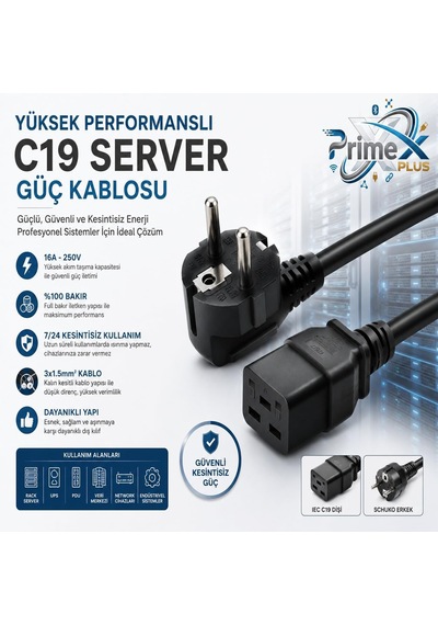 Primex Px-srv15 2 Metre 3x1.5mm C19 Ups Server Power Kablo, Full Bakır C19 Schuko Güç Kablosu, 16a 250v Sunucu Pdu Ups Veri Merkezi Güç Bağlantı Kablosu, Siyah Diger