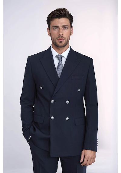 Gümüş Renk Metal Düğmeli Slim Fit Kruvaze Lacivert Erkek Takım Elbise Wessi Lacivert
