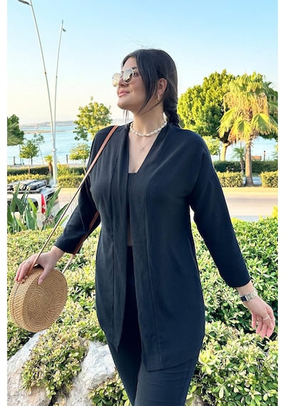 Siyah Renk Cep Detaylı Dar Paça Kimono Takım Siyah
