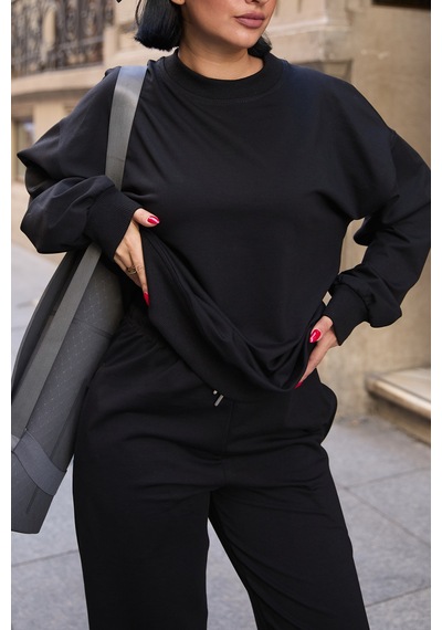 Mezka Regular Fit 2'li Takım Sweatshirt Beli Lastikli Jogger Eşofman Altı Siyah