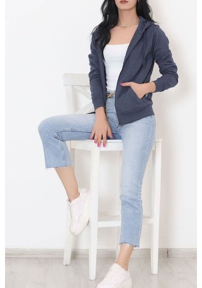 Buyers Butik - Kapşonlu Fermuarlı Sweat Koyuindigo - 11866.108. 001