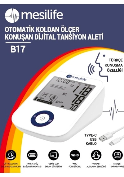 B17 Otomatik Koldan Ölçer Konuşan Dijital Tansiyon Aleti, 2x120 Hafıza, Type-c Güç Bağlantısı, Geniş Lcd Ekran